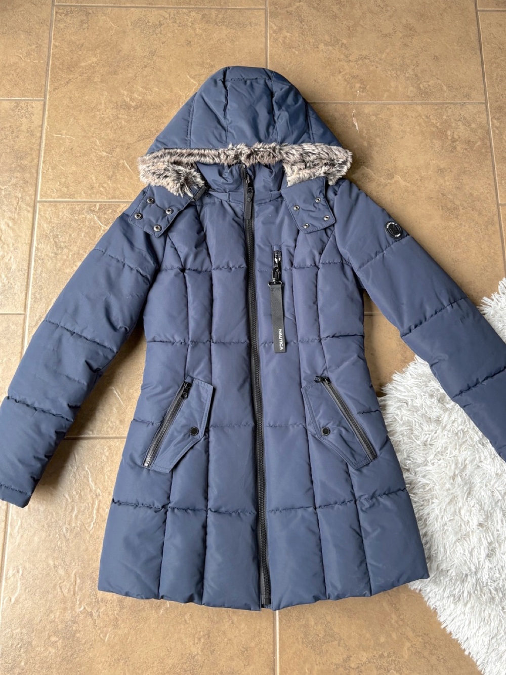 Nautica Navy Hooded Long Puffer Coat with Faux Fur Trim β’ Size XS